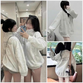 Áo Khoác Nỉ Nam Nữ ADLE Kéo Khóa Màu Xám. Áo Khoác Cổ Trụ Chữ Thêu Chất Nỉ Bông Dày Dặn Ấm Áp