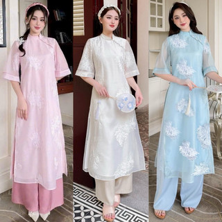  Set Áo Dài tơ San Hô Thêu Hoa Kèm Quần Lụa Cao Cấp Tết 2025 