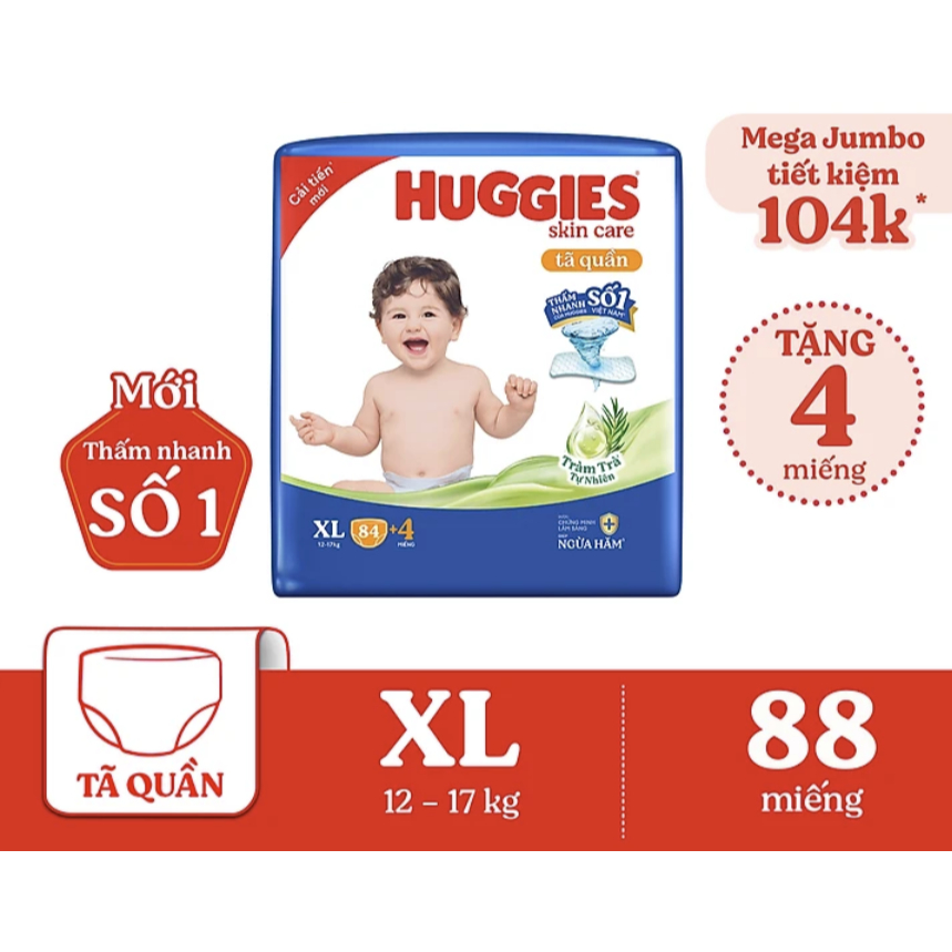 Tã/bỉm quần HUGGIES SKINCARE MEGA JUMBO size XL84+4 MIẾNG