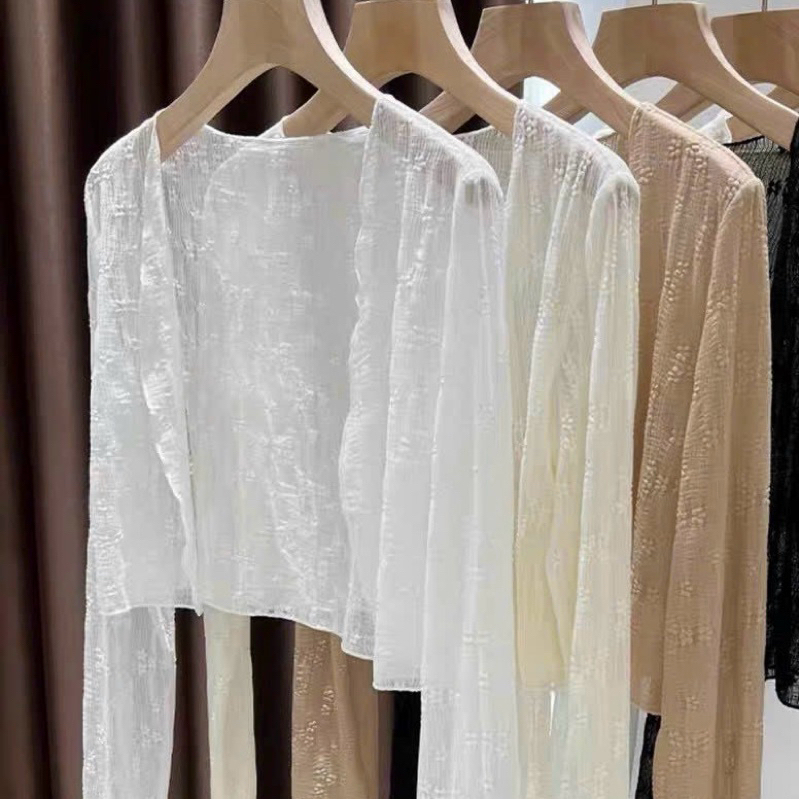 Áo khoác lưới trong suốt tay dài ren hoa nổi croptop | BigBuy360 - bigbuy360.vn