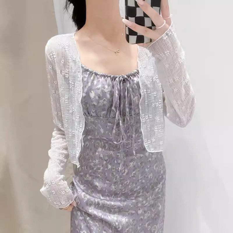 Áo khoác lưới trong suốt tay dài ren hoa nổi croptop | BigBuy360 - bigbuy360.vn
