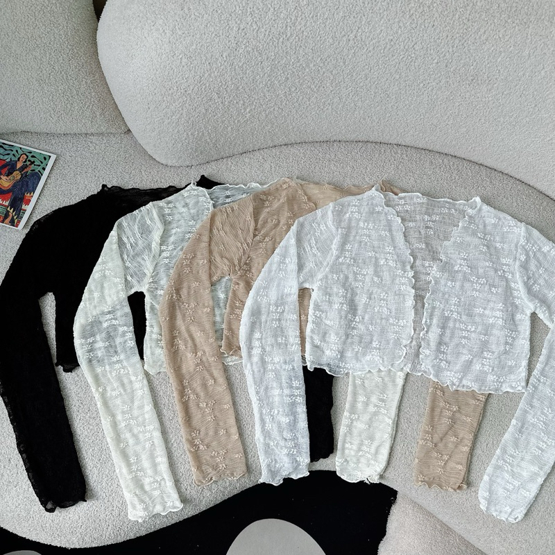 Áo khoác lưới trong suốt tay dài ren hoa nổi croptop | BigBuy360 - bigbuy360.vn