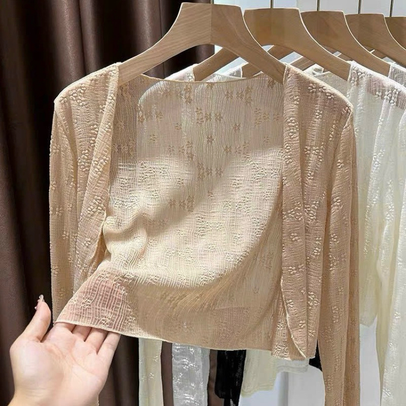 Áo khoác lưới trong suốt tay dài ren hoa nổi croptop | BigBuy360 - bigbuy360.vn