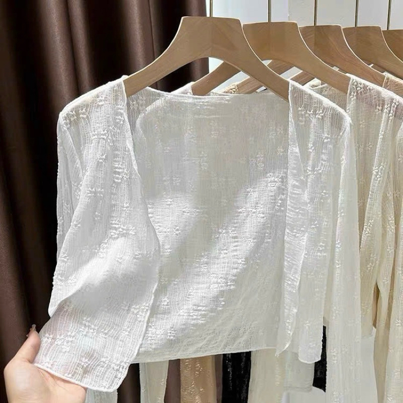 Áo khoác lưới trong suốt tay dài ren hoa nổi croptop | BigBuy360 - bigbuy360.vn