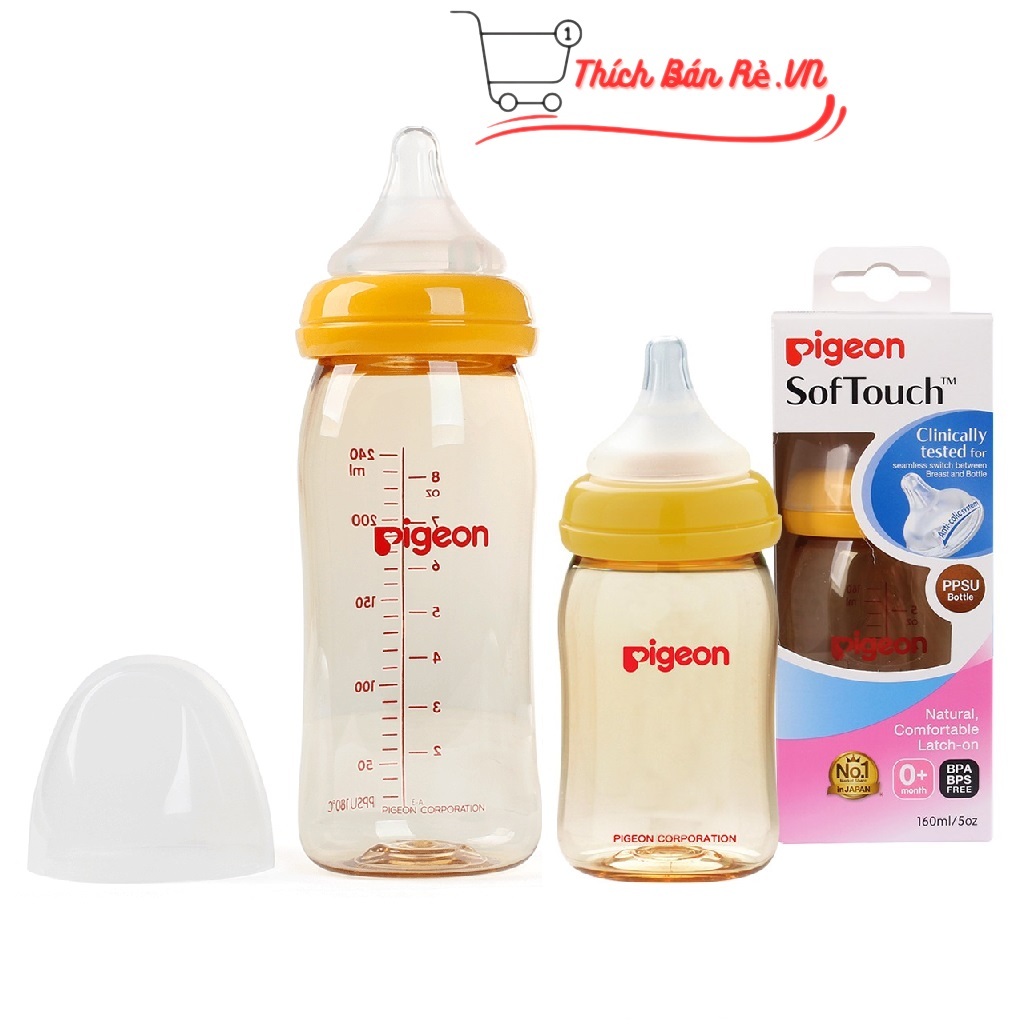 Bình Sữa Pigeon Cổ Rộng Cao Cấp 160ml/240ml, thân bình được làm từ chất liệu nhựa (PPSU)