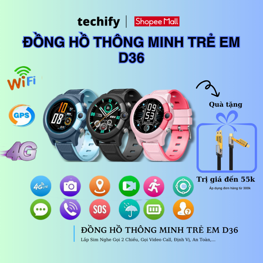 Đồng Hồ Thông Minh Trẻ Em TECHIFY D36 Nghe Gọi Video Nhắn Tin Định Vị Có Tiếng Việt Chống Nước Báo t