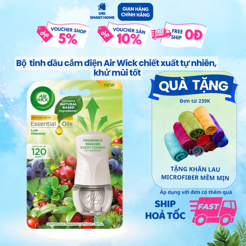 Bộ tinh dầu cắm điện Air Wick kèm Lọ tinh dầu thay thế 19ml nhập khẩu Châu Âu chiết xuất thiên nhiên, khử mùi hiệu quả