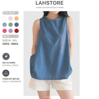 Áo sát nách nữ dáng yếm LAHSTORE vải linen, lưng xẻ sâu, cúc gỗ ASN01 (Xanh navy)