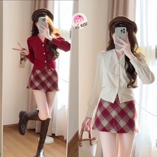 Set áo nỉ tăm kèm chân váy dạ chữ A kẻ caro bản to có quần bảo hộ xixeoshop - S130 