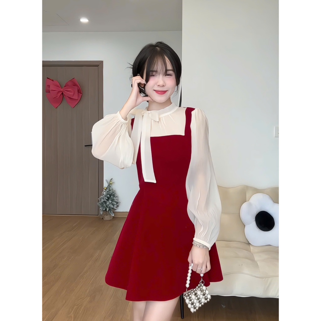 Váy nhung phối tơ tay bồng buộc nơ cổ tiểu thư Hàn Quốc xixeoshop - V32 | BigBuy360 - bigbuy360.vn