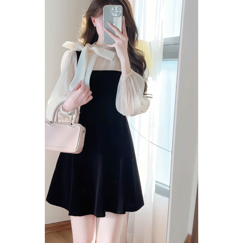 Váy nhung phối tơ tay bồng buộc nơ cổ tiểu thư Hàn Quốc xixeoshop - V32 | BigBuy360 - bigbuy360.vn