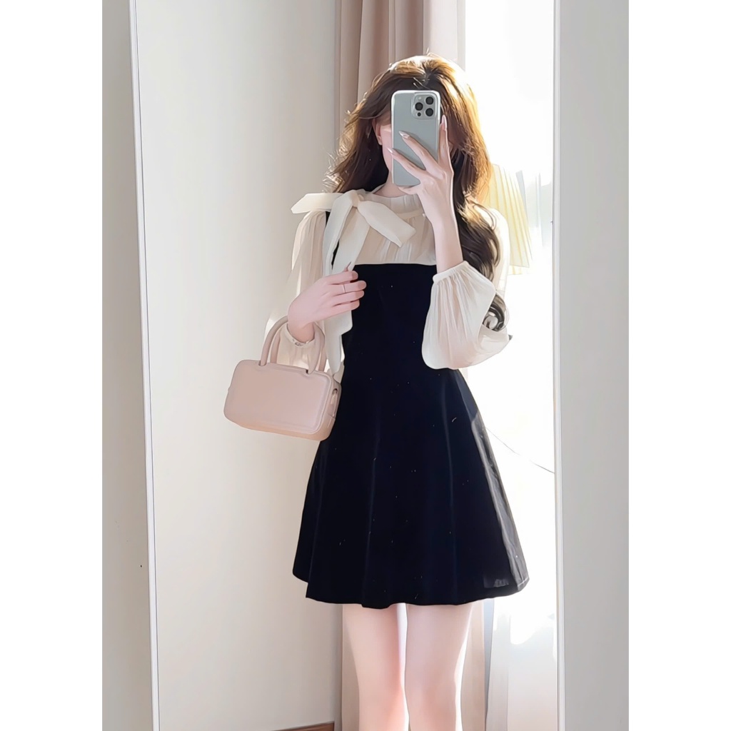 Váy nhung phối tơ tay bồng buộc nơ cổ tiểu thư Hàn Quốc xixeoshop - V32 | BigBuy360 - bigbuy360.vn