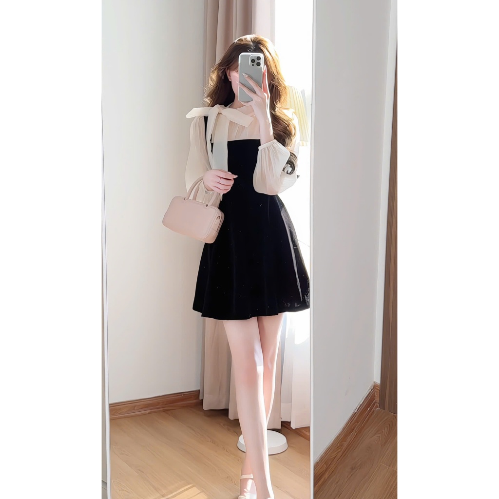 Váy nhung phối tơ tay bồng buộc nơ cổ tiểu thư Hàn Quốc xixeoshop - V32 | BigBuy360 - bigbuy360.vn