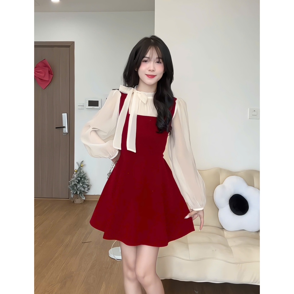 Váy nhung phối tơ tay bồng buộc nơ cổ tiểu thư Hàn Quốc xixeoshop - V32 | BigBuy360 - bigbuy360.vn