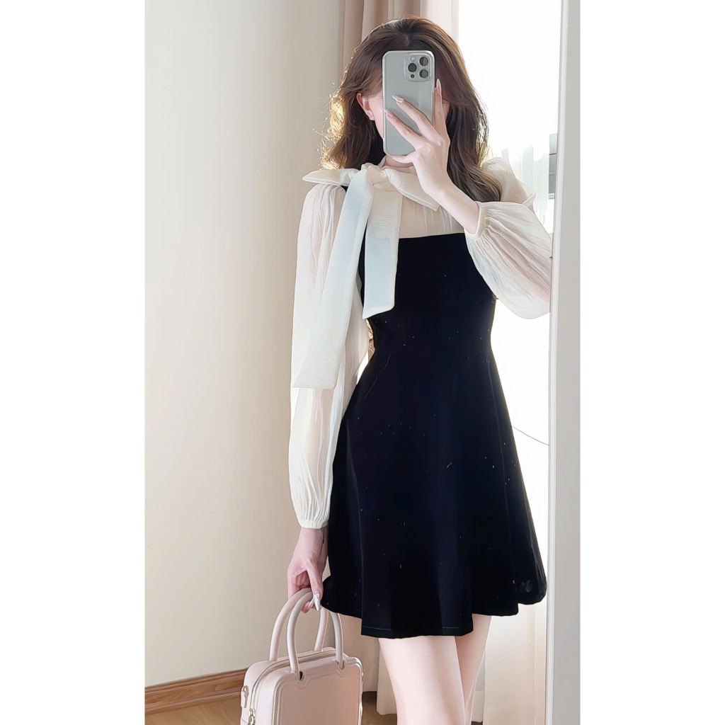 Váy nhung phối tơ tay bồng buộc nơ cổ tiểu thư Hàn Quốc xixeoshop - V32 | BigBuy360 - bigbuy360.vn