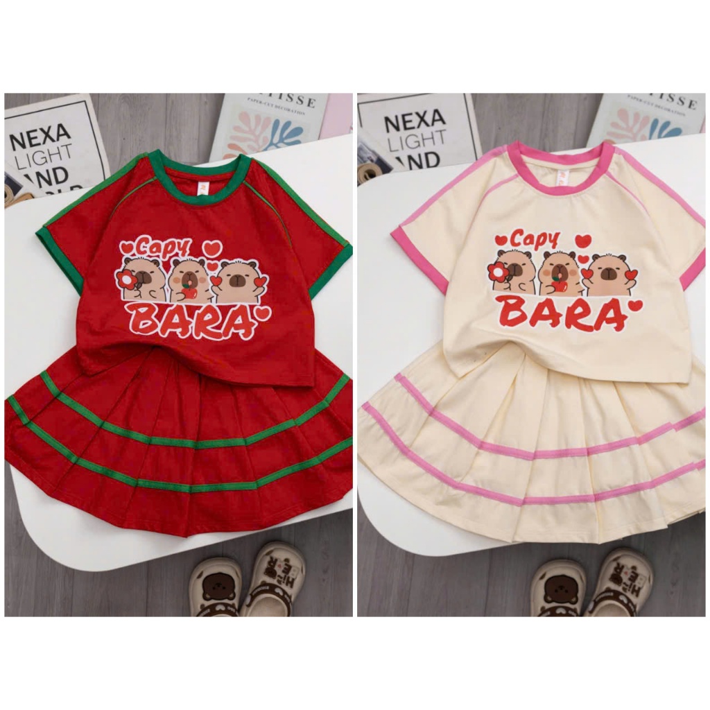 Set váy bé gái CAPYBARA, áo croptop phối chân váy xếp ly siêu xinh cho bé