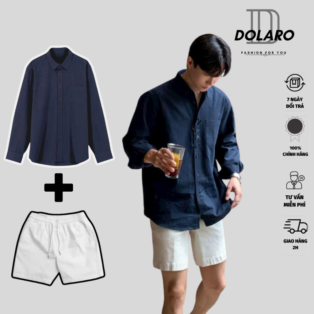 Combo Áo Sơ Mi Tay Dài Lụa Linen DOLARO Nhiều Màu Chuẩn Form Hàn Quốc Kèm Quần Short Kaki màu trắng