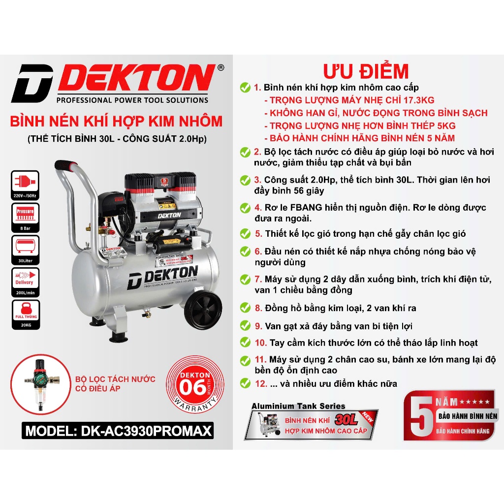 [CHÍNH HÃNG] MÁY NÉN KHÍ HỢP KIM NHÔM CAO CẤP DEKTON DK-AC3930PROMAX - Dung Tích 30 Lít - Công Suất 