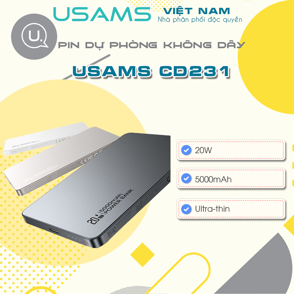 Pin Dự Phòng Không Dây USAMS 10000mAh 20W Sạc nhanh Usb-C Dùng cho i.P (PD) Bảo Hành trực tiếp VN Chứng chỉ 3C/CCC
