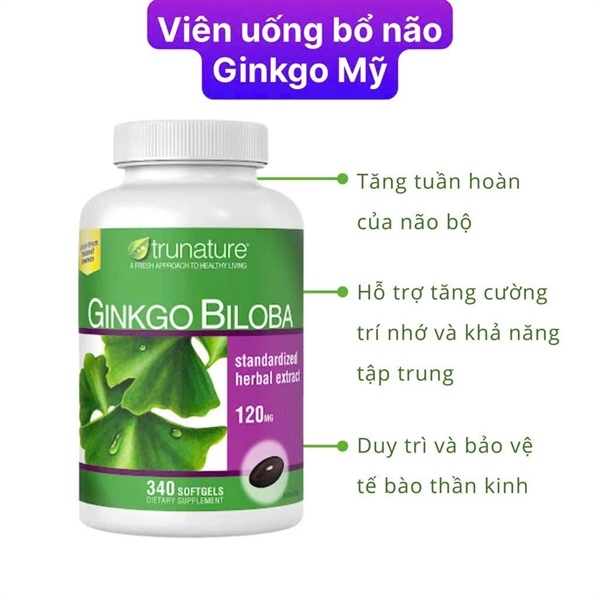Viên uống bổ não Ginkgo Biloba 120mg, Thực phẩm chức năng Trunature Ginkgo Biloba Tăng Cường Tuần Ho