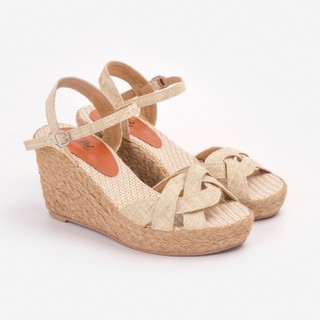  Sandal Đế Cói Liliw Dáng Đế Xuồng Cao 8cm Quai Đan Hoạ Tiết Phối Vải Hemp - Thanh Điền Kem 