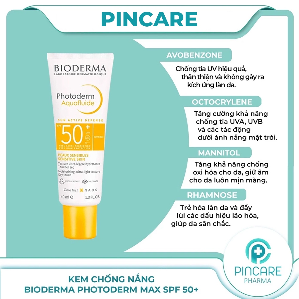 Kem chống nắng Bioderma Photoderm Max AquaFluide SPF 50+ không màu (40ml) - Hàng chính hãng - PINCARE Health & Beauty