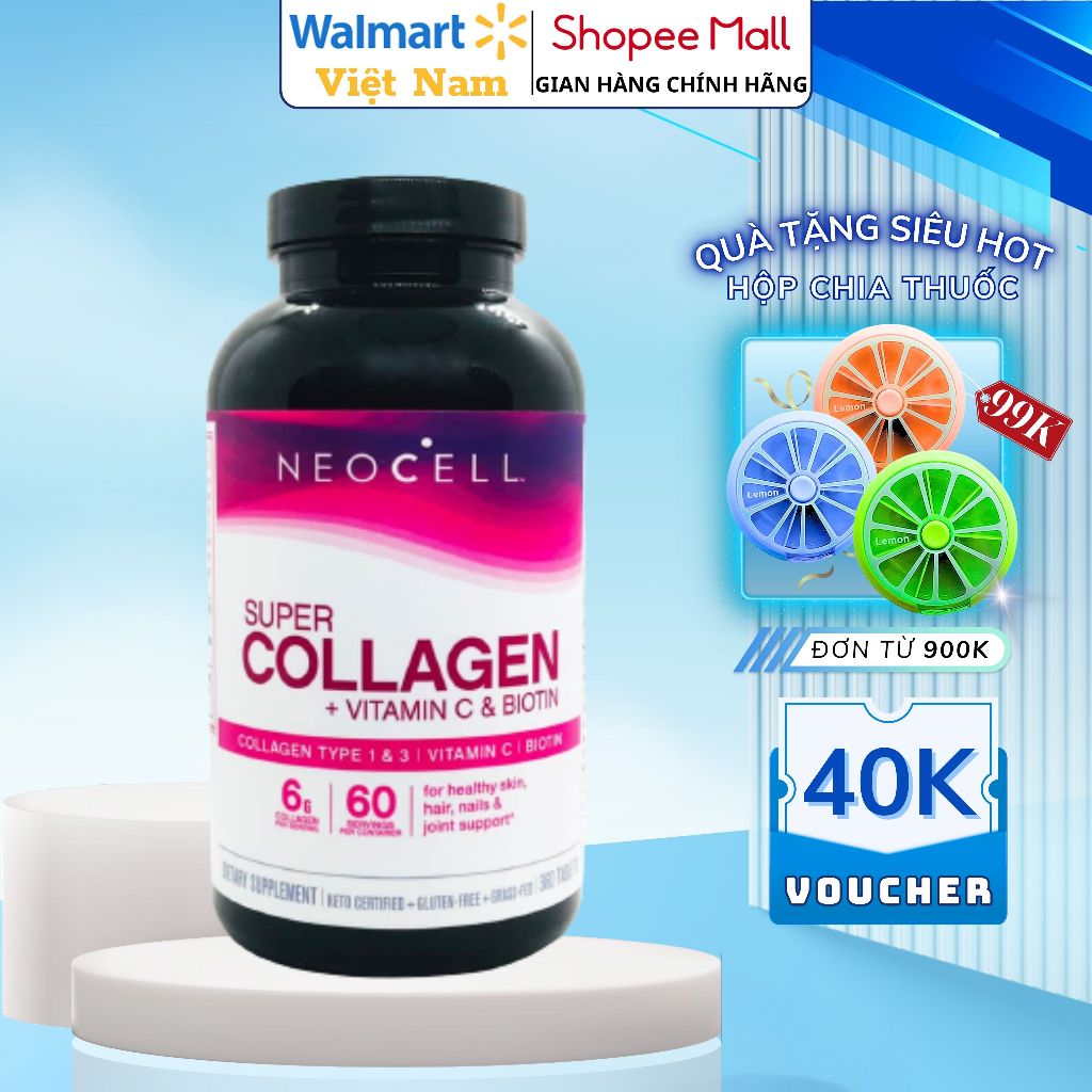 Viên uống 100% nguyên chất Collagen Neocell Super Collagen+C 360v của Mỹ Kirkland Signature giúp nuôi dưỡng chăm sóc da
