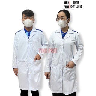 Áo Blouse Trắng Nam Nữ Sinh Viên Thực Tập Có Cầu Vai Xanh Tay Dài - Áo Choàng Blouse Bác Sĩ, Dược Sĩ, Phòng Thí Nghiệm