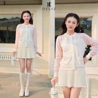[DELIZ] - Áo khoác cardigan nữ len lông thỏ mềm thu đông tay dài dáng bo phối màu hồng trắng đóng khuy deliz CD839