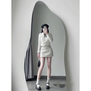 Váy Nữ , Sét Dạ Tweed Phối Viền Ngọc Kết hợp Đính Nơ Ở Cổ ( có đệm vai, co có lót quần) tiểu thư sang chảnh-CT DESSIGN