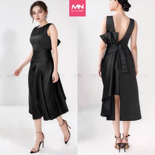Váy thiết kế MINA sang trọng hở lưng phối nơ dáng xoè midi màu đen vải Taffta lụa cao cấp quyến rũ MN104