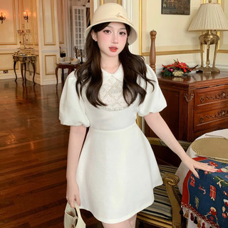 MAYBEROOM Váy tweed trắng cổ yếm mix đá lấp lánh tay bồng tiểu thư Emerald dress