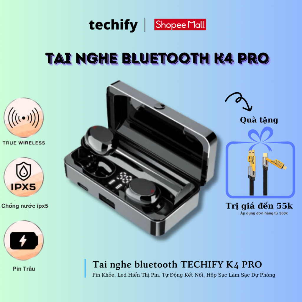 Tai nghe bluetooth TECHIFY Âm Thanh Hay K4 Pro cảm ứng hỗ trợ đàm thoại nghe nhạc kiêm sạc dự phòng.
