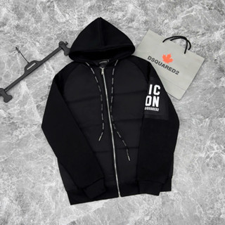 Áo phao có mũ nam nữ D2 trần bông tay nỉ túi zip in chữ ICON mũ dây rút dệt chữ AK220P