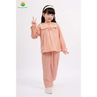 Đồ bộ bé gái chất Cotton kate thời trang VT quần dài áo dài tay họa tiết kẻ caro B70.2413