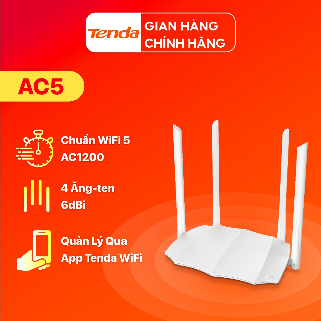  Tenda AC5 Bộ phát Wifi 2.4G 5G Băng Tần Kép Thông Minh Chuẩn AC1200Mbps Dễ Cài Đặt - Hàng Chính Hãng 