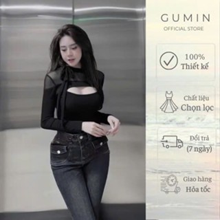 Áo len phối lưới GUMIN thiết kế áo lưới khoét ngực có dây nơ cổ, áo len nữ thu đông dày dặn sang trọng