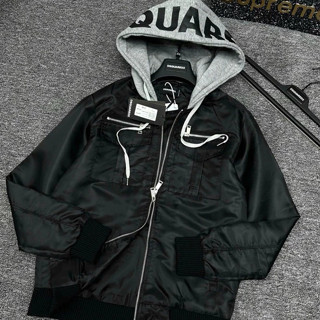 Áo khoác mũ nam nữ Dsq vải gió túi zip ngực phối mũ nỉ xám 2 lớp in chữ Dsquared2 trên mũ siêu nét