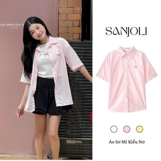Áo Sơ Mi Nữ Tay Ngắn SANJOLI Áo Nữ Công Sở Thêu Nơ Basic Chất Dày Dặn Hàn Quốc AO005