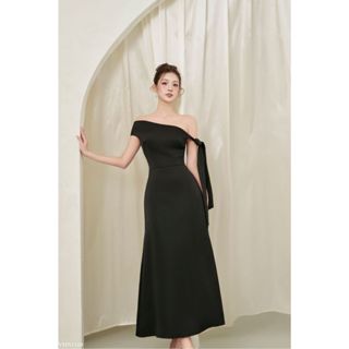 Váy đầm lụa nữ dự tiệc sang chảnh dáng dài TIINSTORE thiết kế trễ vai phối dây thắt nơ thanh lịch đám cưới VHN1169