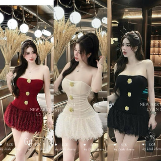 Đầm CÚP NGỰC Dáng Ngắn Phối Lông Tua Rua Có Lót Quần Đính 3 Tag VANG KIM LOAI