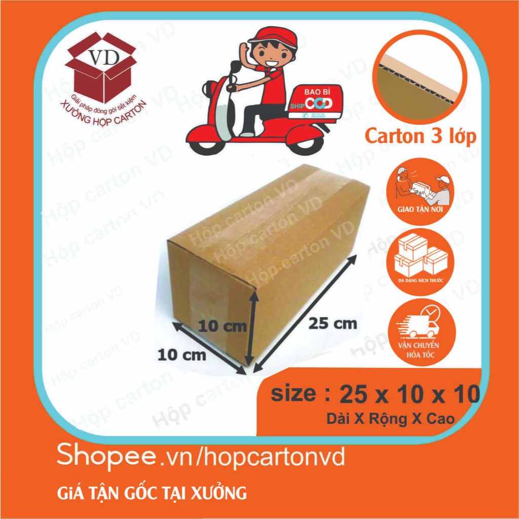 Combo 50 Hộp carton đóng hàng 25x10x10