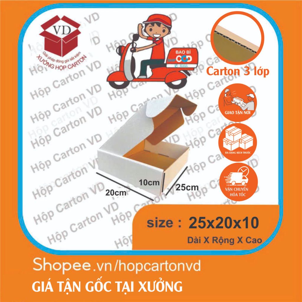 Combo 50 hộp carton nắp gài màu trắng size 25x20x10