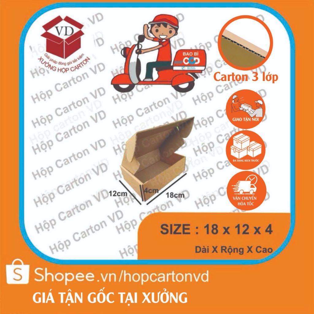 Combo 50 Hộp carton nắp gài 2 cạnh hông size 18x12x4