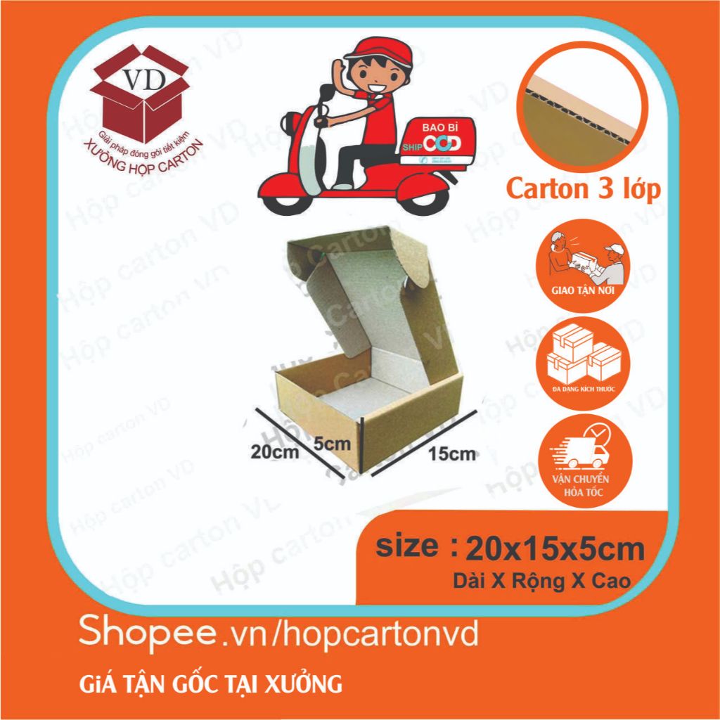 Combo 50 hộp carton nắp gài size 20x15x5