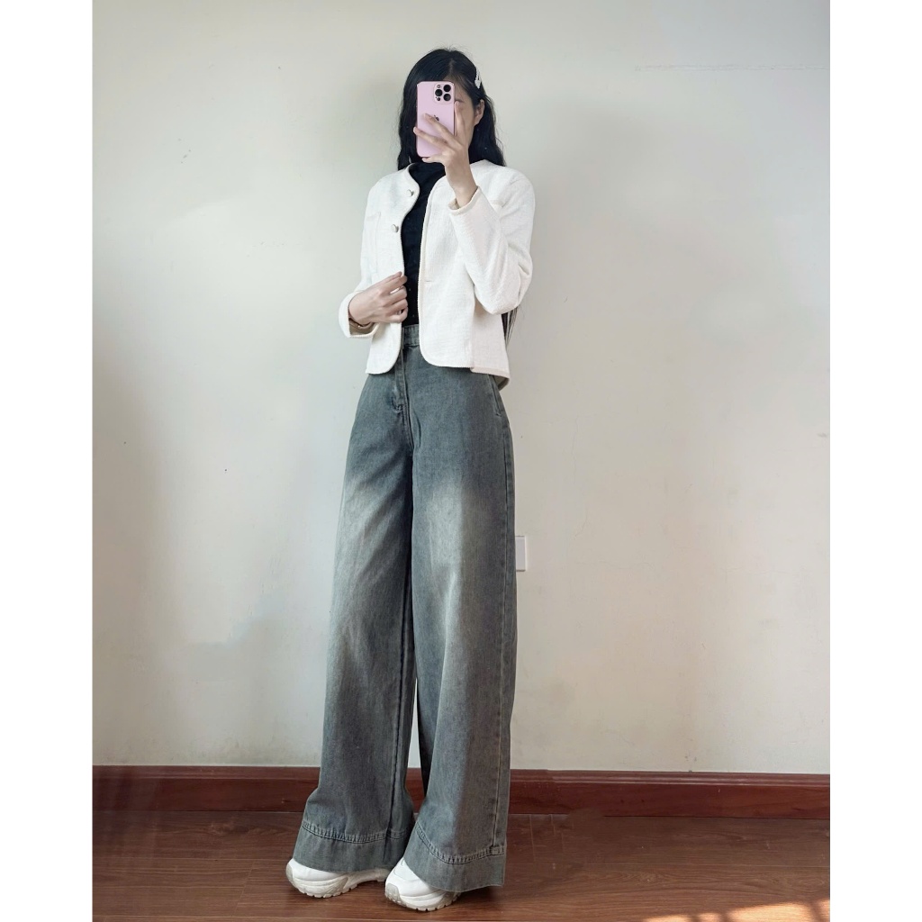 Quần jean ống rộng Hari suông màu xanh retro | BigBuy360 - bigbuy360.vn