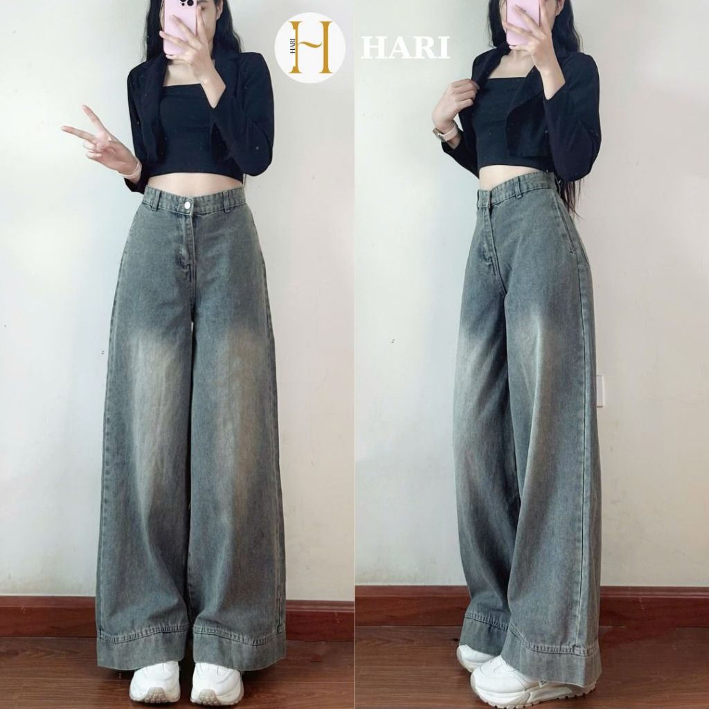 Quần jean ống rộng Hari suông màu xanh retro | BigBuy360 - bigbuy360.vn