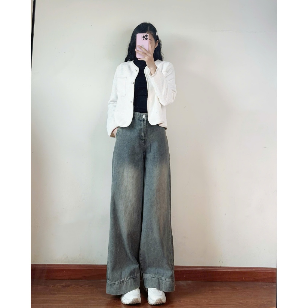 Quần jean ống rộng Hari suông màu xanh retro | BigBuy360 - bigbuy360.vn