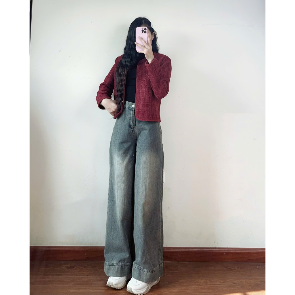 Quần jean ống rộng Hari suông màu xanh retro | BigBuy360 - bigbuy360.vn