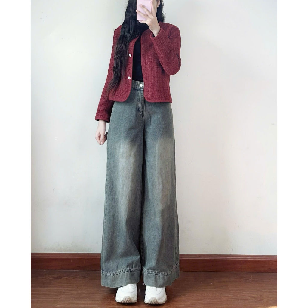 Quần jean ống rộng Hari suông màu xanh retro | BigBuy360 - bigbuy360.vn